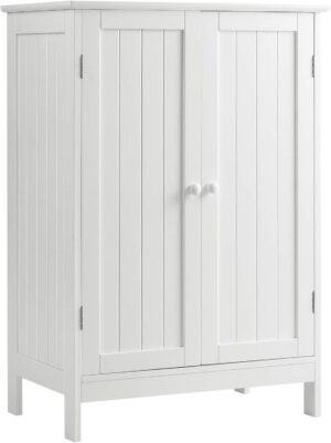 Tangkula Bathroom Floor Cabinet, Freestanding Storage Cabinet with Double Doors and Shelf, Modern Home Furniture, Wooden Home Organizer for Living Room, Bathroom Cabinet, White