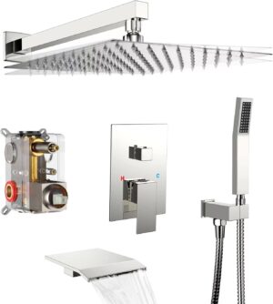 Shower System Rain Shower Faucet Set with Tub Spout,10 inch Bathroom Wall Mounted Waterfall Bathtub Faucet with Handheld Spray and Rough-in Valve Body and Trim kit,Chrome Polished