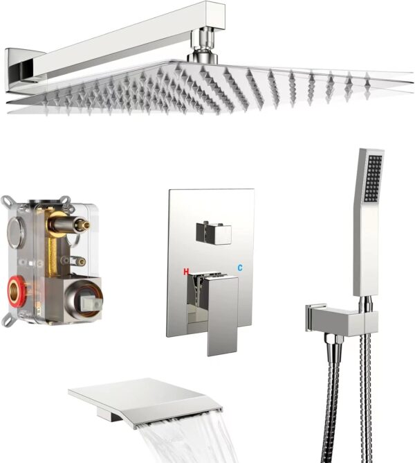 Shower System Rain Shower Faucet Set with Tub Spout,10 inch Bathroom Wall Mounted Waterfall Bathtub Faucet with Handheld Spray and Rough-in Valve Body and Trim kit,Chrome Polished