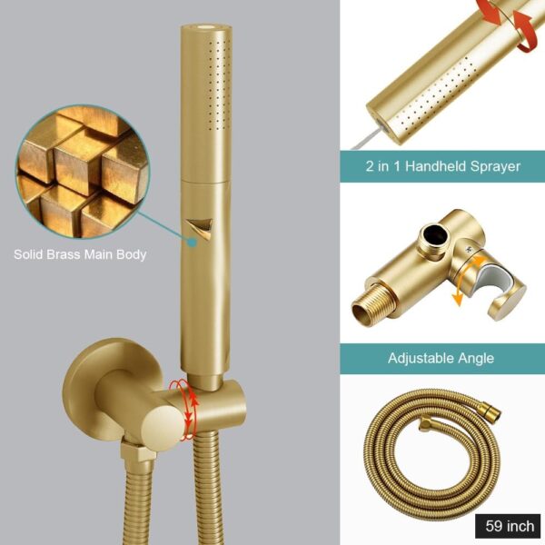 Brushed Gold Dual Shower Heads System: 12" Ceiling Mount Rain & 6" Wall Mounted Rainfall Head and 2 in 1 Handheld Spray, Full Body Faucet Set, 3 Way Diverter Brass Valve with Trim Kit