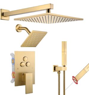 VANFOXLE Shower Faucet Set Brushed Gold Shower System,Push Button Diverter Shower Faucet with 2 in 1 Handheld, Wall Mount 10 Inch Shower Head with 6 Inch Shower Head
