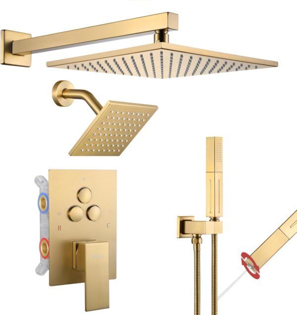VANFOXLE Shower Faucet Set Brushed Gold Shower System,Push Button Diverter Shower Faucet with 2 in 1 Handheld, Wall Mount 10 Inch Shower Head with 6 Inch Shower Head