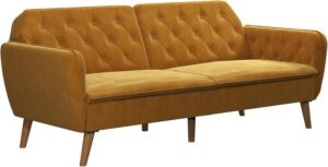 Novogratz Tallulah 83 Inch Futon Sofa Bed in Velvet Fabric, Upholstered Couch Sleeper with Memory Foam and Tufted Back, Mid-Century Modern, Mustard