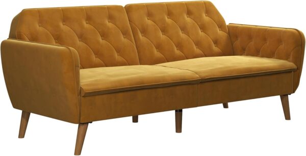 Novogratz Tallulah 83 Inch Futon Sofa Bed in Velvet Fabric, Upholstered Couch Sleeper with Memory Foam and Tufted Back, Mid-Century Modern, Mustard