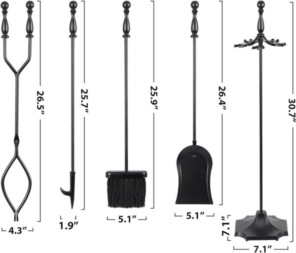 5 Pieces Fireplace Tools Sets Indoor Outdoor Wrought Iron Large Fire Place Set Tools, Fire Pit Tools with Poker Shovel Tongs Brush and Stand, Black