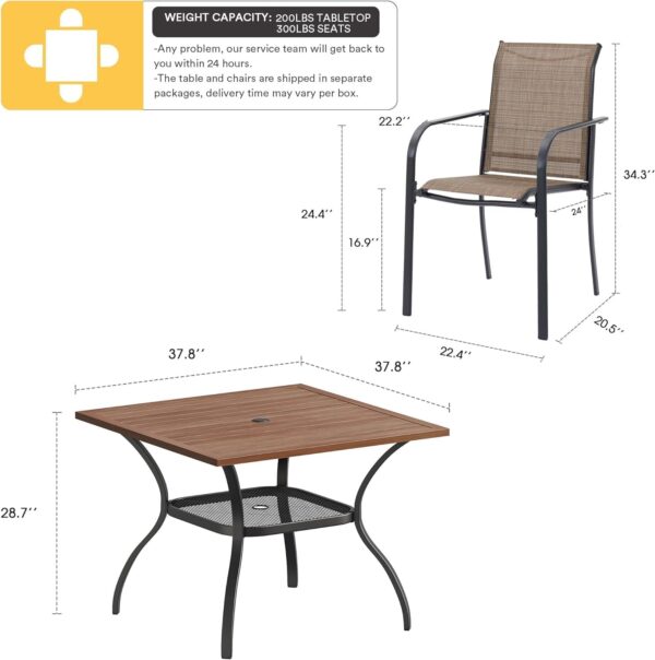 VICLLAX 5 Pieces Patio Dining Set, Outdoor Furniture Set Includes 1 Square Patio Table and 4 Stackable Patio Sling Chairs, Outdoor Table and Chairs for Outsides, Walnut Table and Brown Chairs