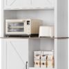 Modern Kitchen Pantry Cabinet with Microwave Stand, Tall Hutch Bar Cabinet with Drawers & Adjustable Shelves, Large Wood Storage Cabinet for Dining Room, Living Room, White
