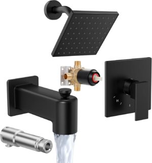 KES Tub Shower Faucet Set with Valve, Black Shower Faucet Set with All Metal Tub Spout, 6-inch Rainfall Shower Head and Bathtub Faucet Set, High Pressure, XB6206S6-BK