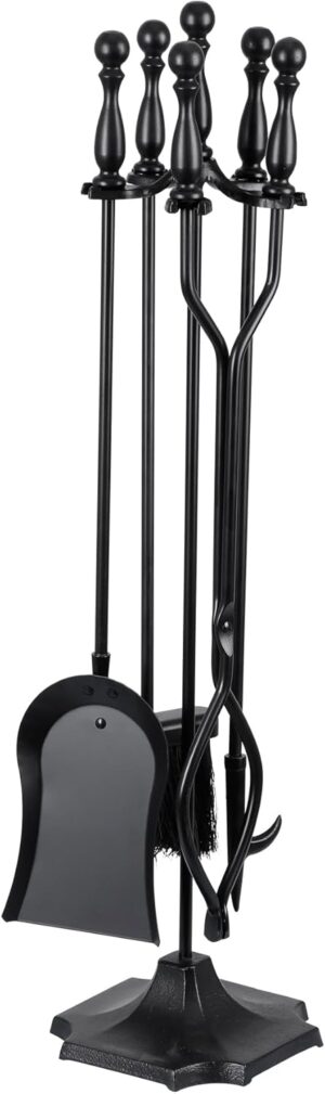 5 Pieces Fireplace Tools Sets Indoor Outdoor Wrought Iron Large Fire Place Set Tools, Fire Pit Tools with Poker Shovel Tongs Brush and Stand, Black