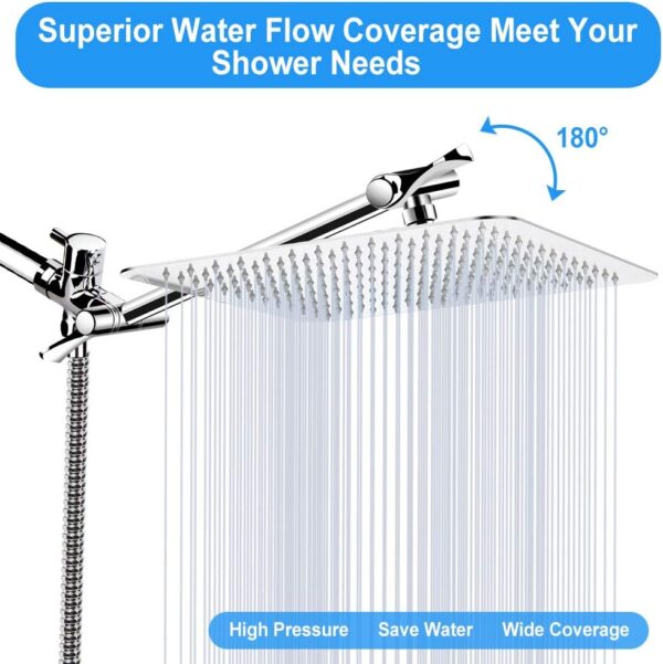 Shower Head , 8 Inch High Pressure Rainfall Shower Head / Handheld Showerhead Combo with 11 Inch Extension Arm, Anti-leak Shower Head with Holder/ Hose, Flow Regulator, Chrome