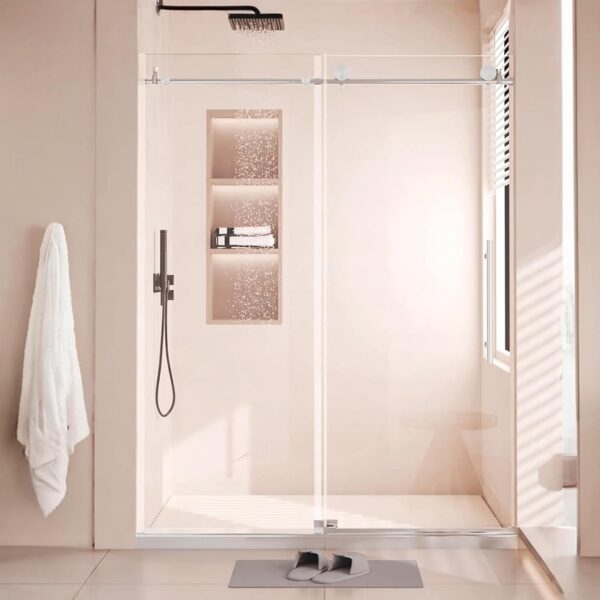 Shower Door, Sliding Shower Door with Explosion-Proof Film Clear Glass, Frameless Tempered Glass Shower Door with Stainless Steel Handle & Waterproof Seal Strip Parts