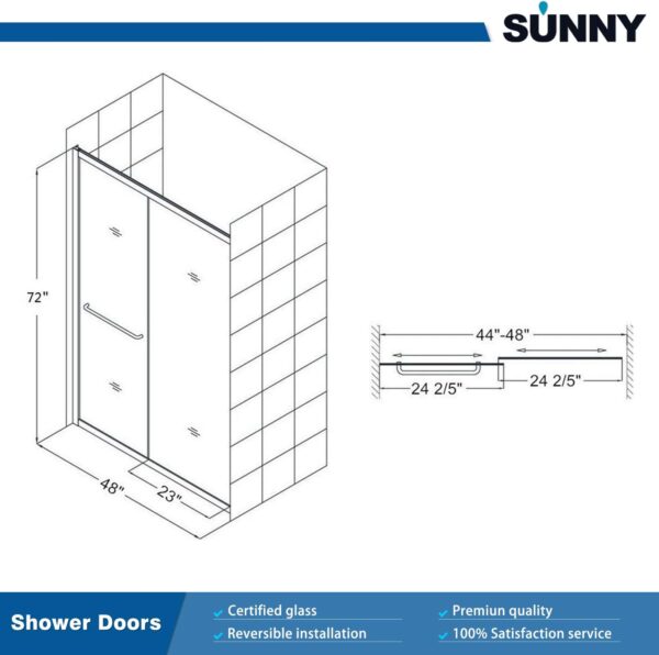 SUNNY SHOWER Glass Shower Door Frameless Double Sliding Shower Glass Door, 1/4 inch Clear Glass Shower Panel, Stainless Steel Hardware, Bathroom Sliding Door, Black Finish 46.5-48 in.W x 72 in.H