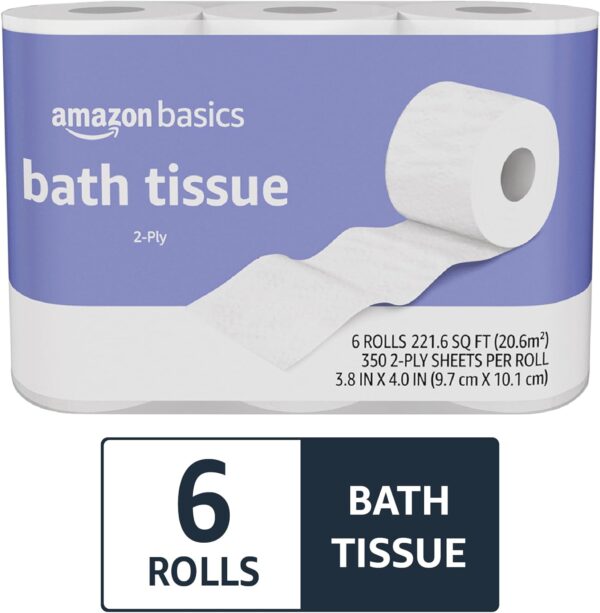 Amazon Basics 2-Ply Toilet Paper 6 Rolls = 24 Regular Rolls, 350 Sheets, (1 Pack of 6), Unscented