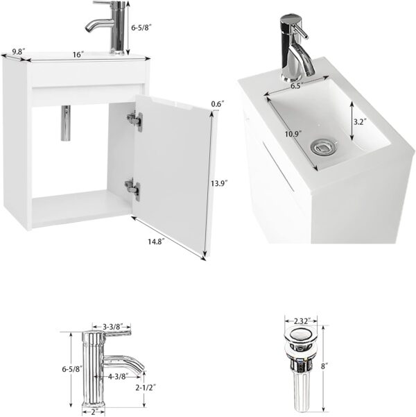 eclife 16" Small Bathroom Vanity Sink Combo, Modern Painted Wall Mounted Floating Cabinet W/Resin Basin Sink Top, Chrome Water Save Faucet & Pop Up Drain (White)
