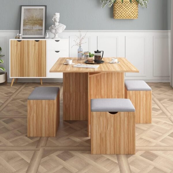 5-Piece Dining Table Set, Small Kitchen Table Set with 4 Stools Compact Space-Saving for Dining Room Kitchen Modern (Red Oak and Grey)