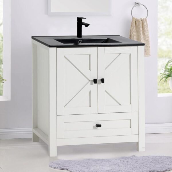 30" Bathroom Vanity with Sink, White Modern Bathroom Storage Cabinet with Black Drop in Bathroom Sink Combo Set