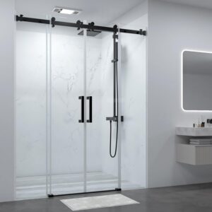 618uI9A1qkL._AC_SL1500_.jpg Frameless Double Sliding Shower Door,60 in.W x 74 in.H Shower Glass Door 5/16"(8mm) Thick,Stainless Steel Square Guide Rail, Matte Black Finished
