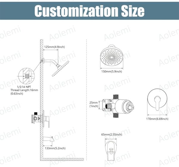Aolemi Tub Shower Faucet Set With Valve Wall Mount Shower Trim Kit 6 Inch Bathtub Fixtures Rough-in Valve Single-Spray Shower Head System 5.3 Inch Tub Spout Brushed Nickel Modern