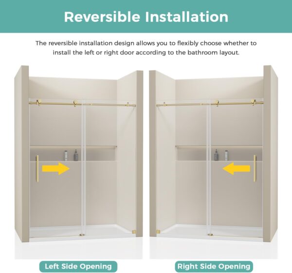 61BwU2jNjQL._AC_SL1500_.jpg Frameless Shower Door 56-60" W x 75" H, Sliding Shower Door with SGCC Tempered Ultra-Clear Glass, Gold Shower Door with Stainless Steel Handle and Side Seal Strip for Leak-Proof Design