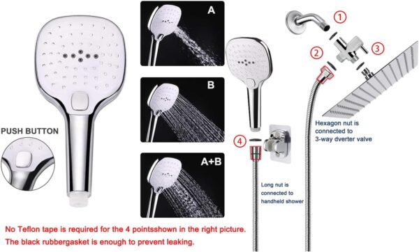 61E4NvlHw6L._AC_SL1500_.jpg NearMoon Shower Head with Hose, High Pressure Stainless Steel Rain Shower and 3 Settings Handheld Spray Combo with Push Button Flow Control (8 Inch Showerhead Set, Chrome Finish)