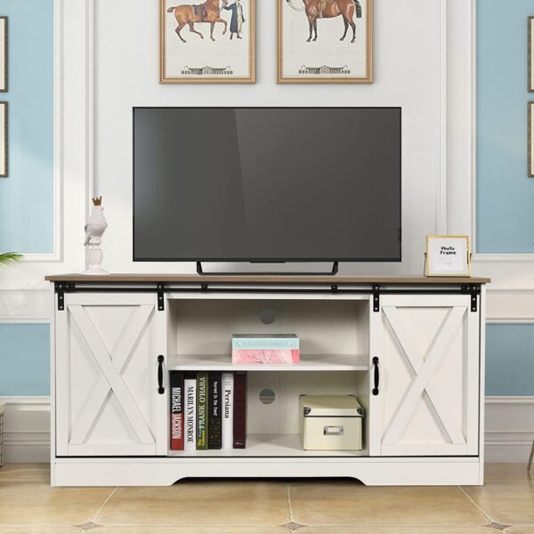 4 EVER WINNER White TV Stand for 65 inch TV for Living Room, Modern Farmhouse Barn Door TV Stand with Storage Cabinets and Adjustable Shelves for Bedroom, Media Entertainment Center TV Console Table