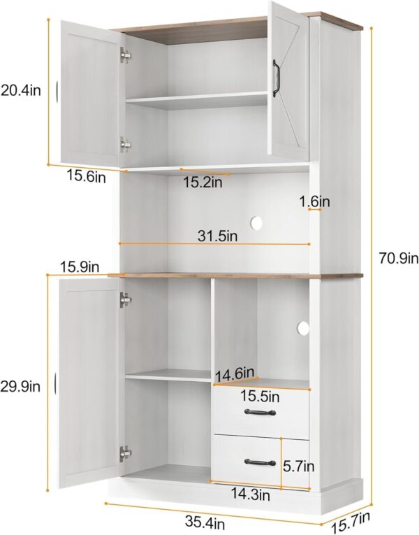 Modern Kitchen Pantry Cabinet with Microwave Stand, Tall Hutch Bar Cabinet with Drawers & Adjustable Shelves, Large Wood Storage Cabinet for Dining Room, Living Room, White