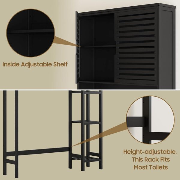 Over The Toilet Storage Cabinet, Bamboo Bathroom Cabinet with Adjustable Inside Shelf and Open Shelves, Freestanding Space-Saving Toilet Rack with Anti-Tip Design for Bathroom, Laundry, Black