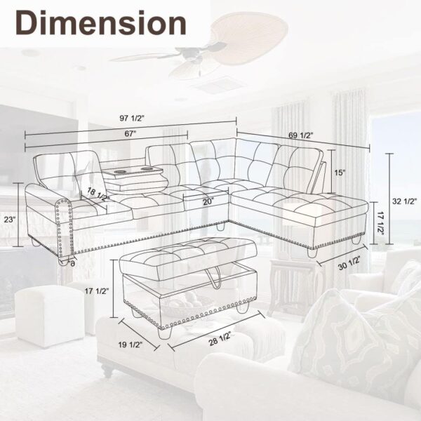Sectional Couches with Ottoman Storage, Lounge Modular Sectional Sofa with Reversible Cup Holder, Modern Nail-Head L Shaped Couch for Living Room Furniture Sets, Bedroom, Gray