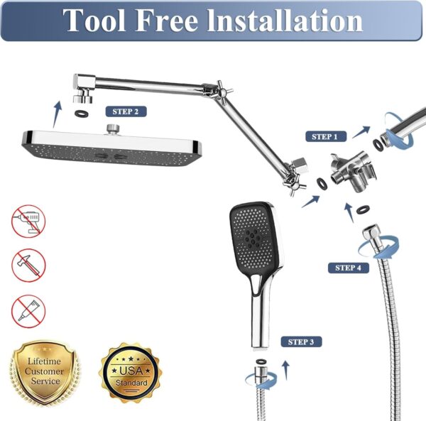 14 Inch Shower Head With Handheld, High-Pressure Rain/Rainfall Shower Heads With 3+1 Settings Handheld Spray, Including 3-Way Diverter, Extension Arm - Height/Angle Adjustable(Chrome)