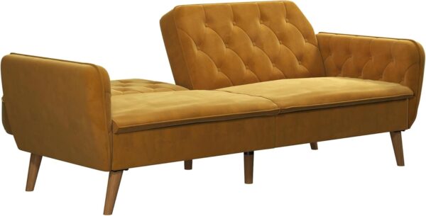 Novogratz Tallulah 83 Inch Futon Sofa Bed in Velvet Fabric, Upholstered Couch Sleeper with Memory Foam and Tufted Back, Mid-Century Modern, Mustard