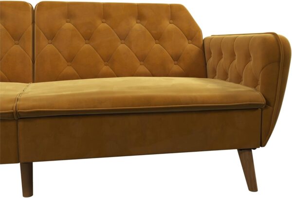 Novogratz Tallulah 83 Inch Futon Sofa Bed in Velvet Fabric, Upholstered Couch Sleeper with Memory Foam and Tufted Back, Mid-Century Modern, Mustard