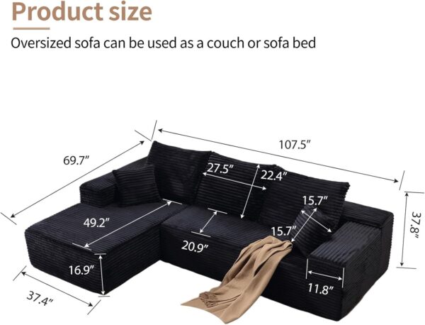 107" Modular Sectional Sofa, Modern Corduroy Cloud Couch with Deep Seat, Upholstered 3-Seater L-Shaped Sofa for Living Room, No Assembly Required (Black, Left-Facing Chaise)