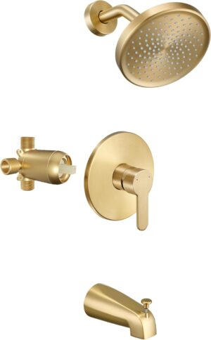 Tohlar Gold Shower Faucet Set with Tub Spout, Bathtub and Shower Faucet Combo Kit, 6-Inch Rain Shower Head and Faucet Set with Valve, Brushed Gold