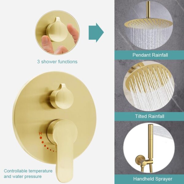 Brushed Gold Dual Shower Heads System: 12" Ceiling Mount Rain & 6" Wall Mounted Rainfall Head and 2 in 1 Handheld Spray, Full Body Faucet Set, 3 Way Diverter Brass Valve with Trim Kit