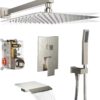 Shower System Rain Shower Faucet Set with Tub Spout,10 inch Bathroom Wall Mounted Waterfall Bathtub Faucet with Handheld Spray and Rough-in Valve Body and Trim kit,Brushed Nickel