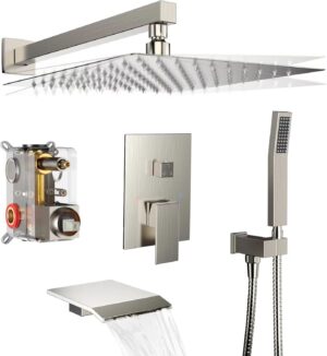 Shower System Rain Shower Faucet Set with Tub Spout,10 inch Bathroom Wall Mounted Waterfall Bathtub Faucet with Handheld Spray and Rough-in Valve Body and Trim kit,Brushed Nickel