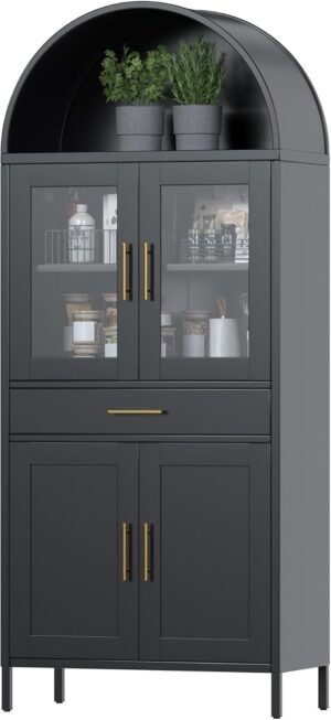 73 in Tall Metal Arched Cabinet, Kitchen Pantry Cabinet with Glass Doors, Modern Farmhouse Arched Bookcase with 1 Drawer and 2 Adjustable Shelves for Living Room, Black, Assembly Required