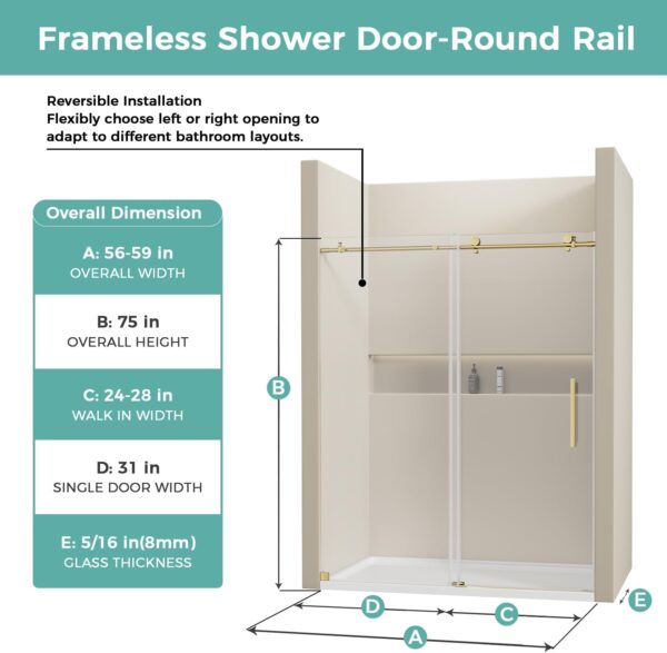 61JeNdo3CdL._AC_SL1500_.jpg Frameless Shower Door 56-60" W x 75" H, Sliding Shower Door with SGCC Tempered Ultra-Clear Glass, Gold Shower Door with Stainless Steel Handle and Side Seal Strip for Leak-Proof Design