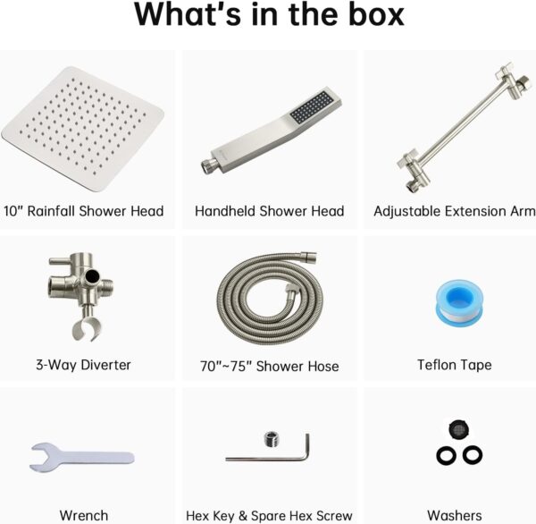 61KFykffoWL._AC_SL1500_.jpg G-Promise All Metal 10" Dual Square Shower Head Combo | Rain Shower Head | Handheld Shower Wand | Adjustable | 3-Way Diverter | 71" Extra Long Hose - A Bathroom Upgrade(Brushed Nickel)