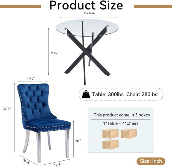 Round Glass Dining Table Set for 4, Small Glass Kitchen Table and Chairs Set of 4, 35" Round Dining Table with with Navy Blue Velvet Chairs,5 Piece Dining Table Set for Breakfast Dinette Cafe Office