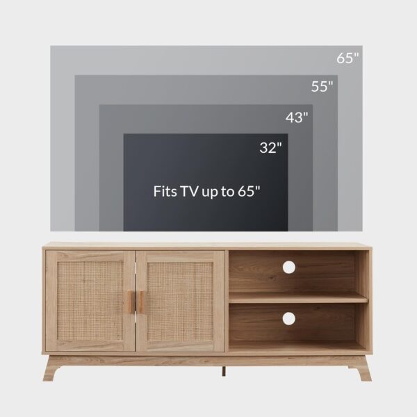 Okvnbjk TV Consoles for Living Room, Mid Century Modern TV Stand for 65 Inch TV, Rattan Entertainment Center, Media Console with Natural Rattan Doors & Adjustable Shelf, Boho TV Stand for Bedroom, Oak