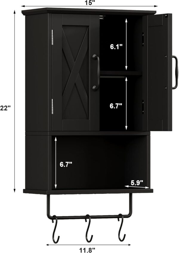 ChooChoo Farmhouse Medicine Cabinet, Bathroom Wall Cabinet with Adjustable Shelf, Towel Bar, 3 Hooks, Over The Toilet Storage Cabinet for Bathroom, Kitchen, Black
