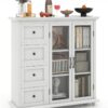 COSTWAY Sideboard Buffet Cabinet, Kitchen Storage Cabinet with 4-Drawers, 2 Tempered Glass Doors, Buffet Table, Accent Cabinet for Entryway, Dining Room, Kitchen, Home, Basement, White