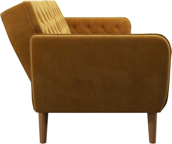 Novogratz Tallulah 83 Inch Futon Sofa Bed in Velvet Fabric, Upholstered Couch Sleeper with Memory Foam and Tufted Back, Mid-Century Modern, Mustard