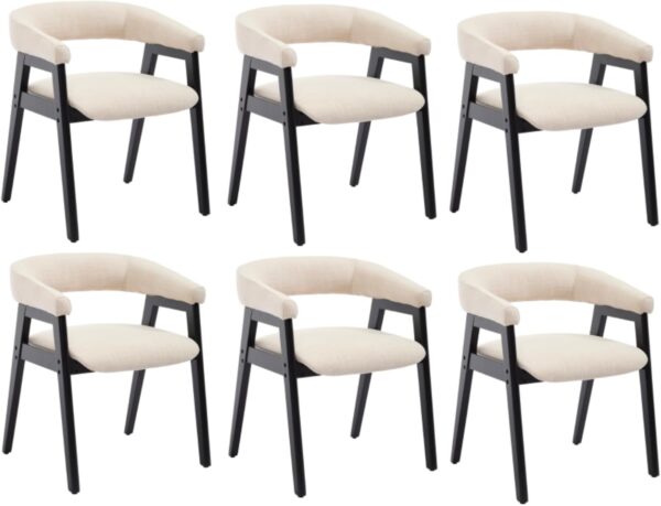 CIM0TA Modern Barrel Dining Chairs with Arms Set of 6, Upholstered Fabric Kitchen & Dining Room Chairs with Open Back/Black Wood Legs, Comfortable Side Chairs, Linen Beige