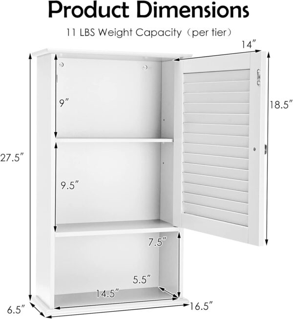 Tangkula Medicine Cabinet, Wall Mounted Bathroom Cabinet Single Door Wooden Bathroom Wall Cabinet with Adjustable Shelf