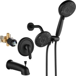 Aolemi Shower System Dual 2-in-1 Rain Shower Faucet Set 8-Setting Shower Head & Handheld Spray 3 Way Diverter Shower Trim Kit Pressure Rough-in Valve Included with Tub Spout Matte Black