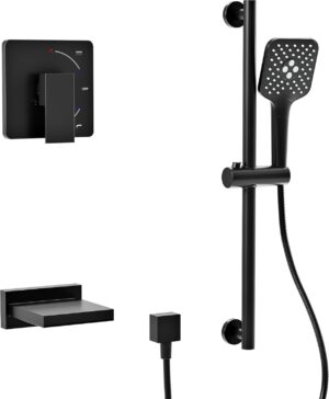 Gabrylly Bathtub Shower Faucet Set, Slide Bar Shower System with Handheld Shower Head Set, Tub Shower Trim Kit with Shower Valve,Matte Black