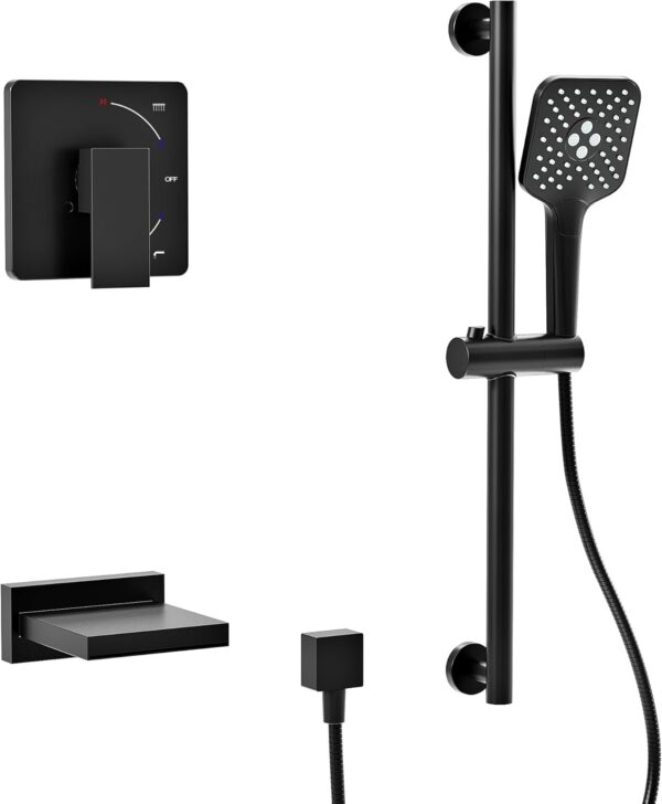 Gabrylly Bathtub Shower Faucet Set, Slide Bar Shower System with Handheld Shower Head Set, Tub Shower Trim Kit with Shower Valve,Matte Black