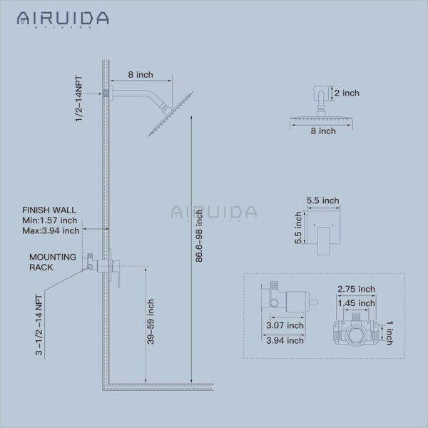 Airuida Shower Faucet Set Bathroom Rain Shower System SUS304 Stainless Steel Single Handle With Male Threads Rough-in Valve Shower Trim Kit 8 Inch Wall Mount Shower Head Matte Black